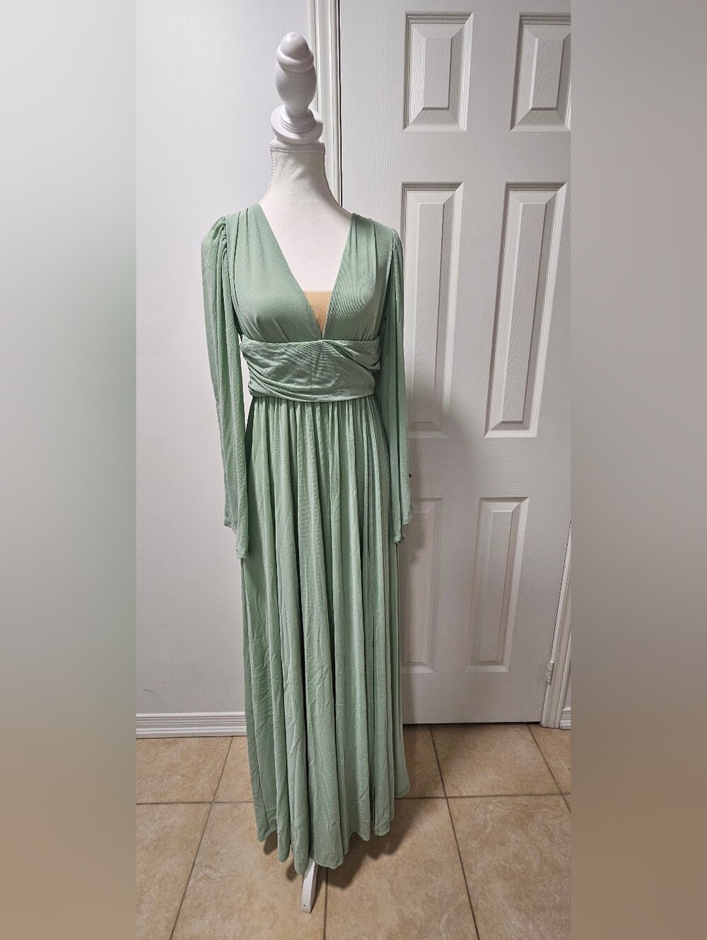 Elegant Sage Green Long Sleeve Wrap Maxi Dress